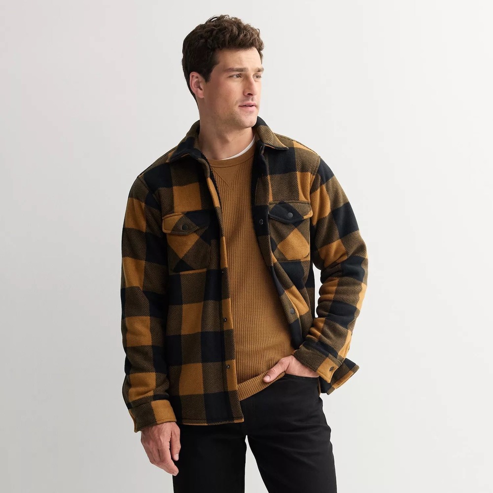 Sonoma Goods For Life Mens Sherpa Lined Fleece Shirt Jacket Buffalo Plaid Yellow